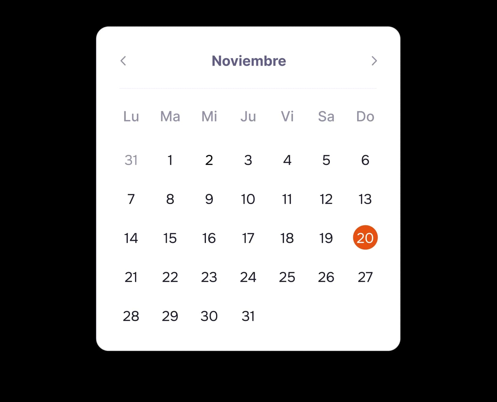Calendario de noviembre con el día 20 destacado en naranja