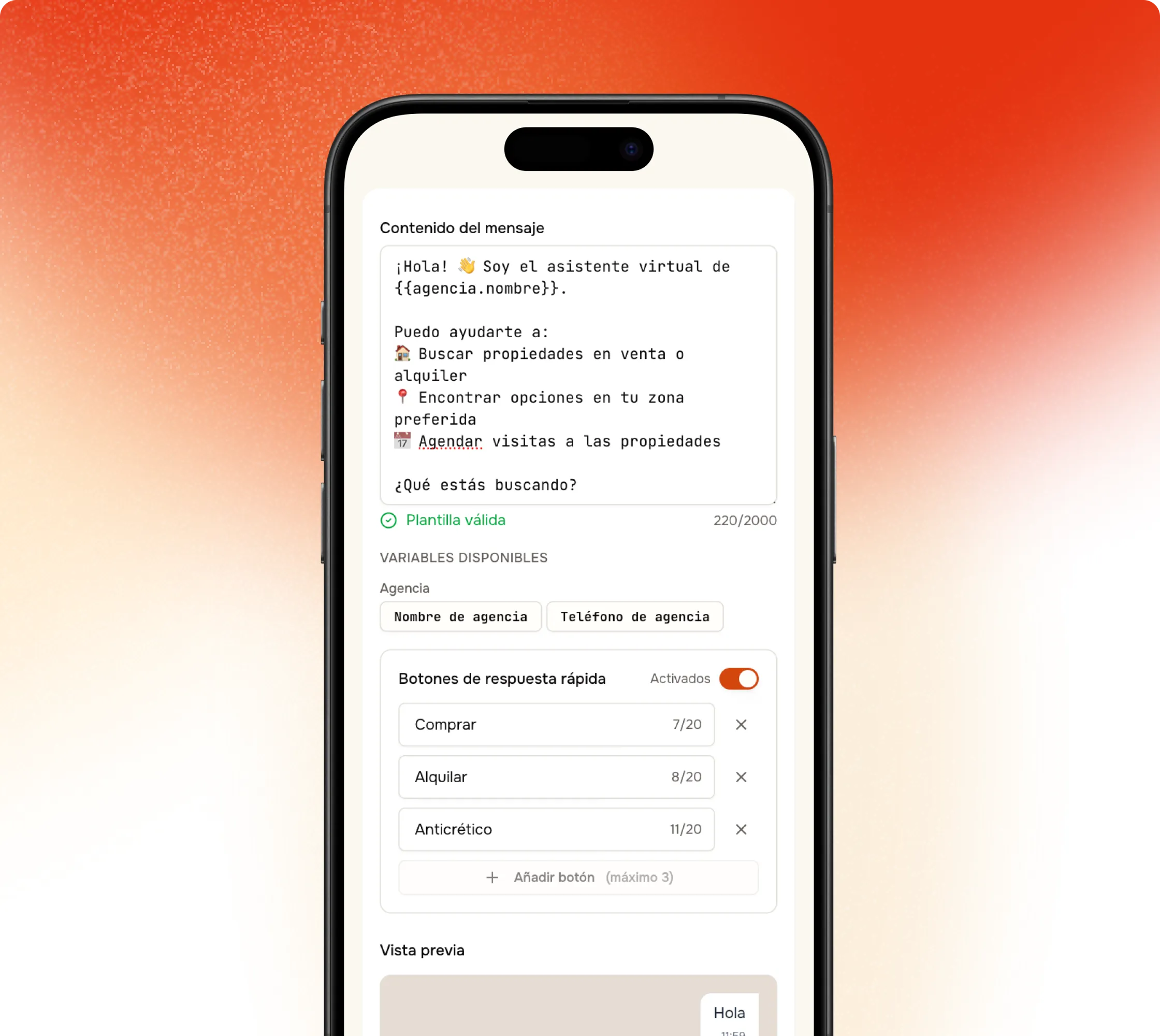 Interfaz de configuración del asistente virtual con mensajes de bienvenida y botones de respuesta rápida