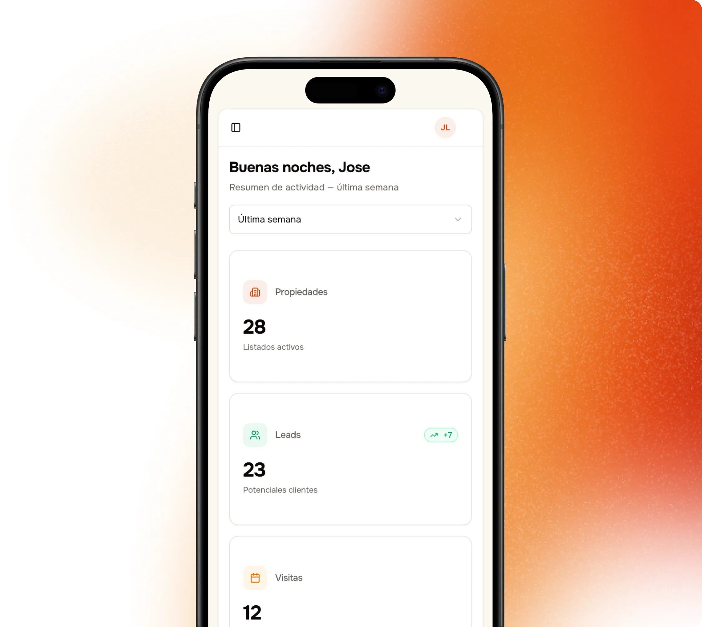 Dashboard del CRM de Wasiy mostrando actividad semanal con 28 propiedades, 23 leads y 12 visitas