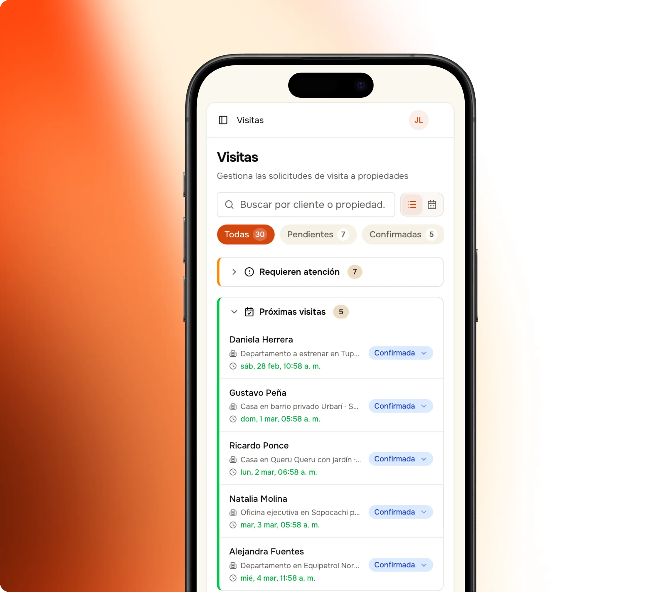 App de gestión de visitas con secciones de todas, pendientes y confirmadas