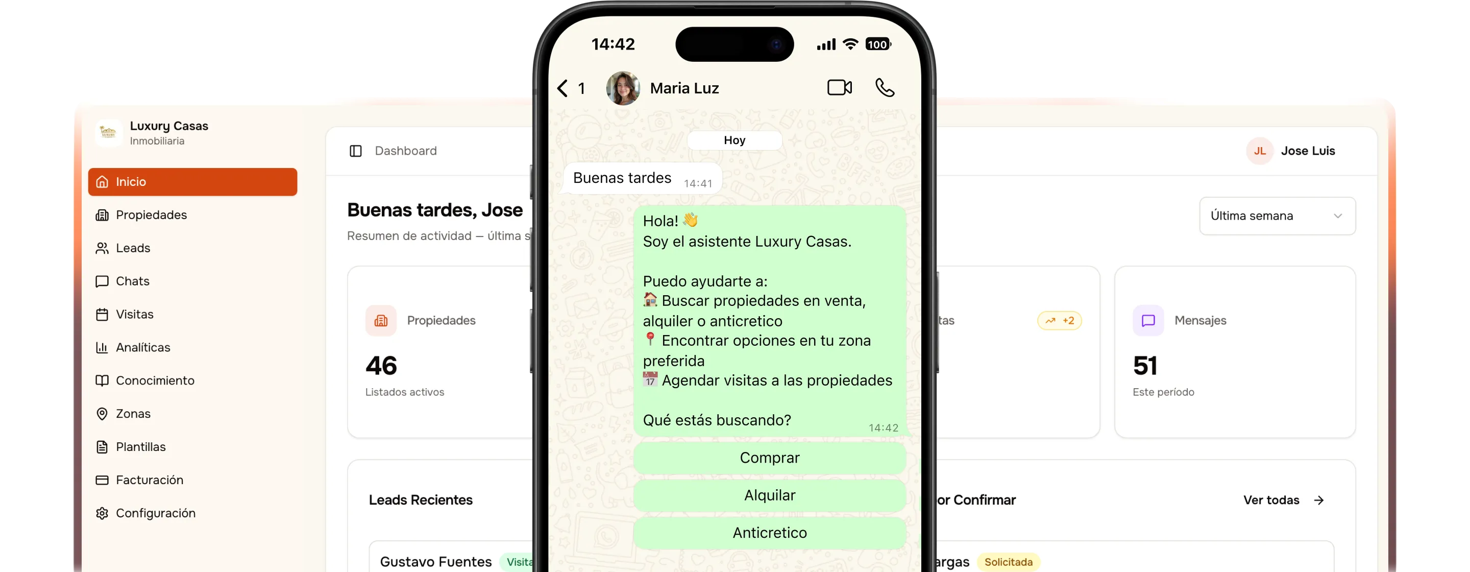 Panel de Wasiy mostrando leads, conversaciones y la interfaz del asistente de WhatsApp