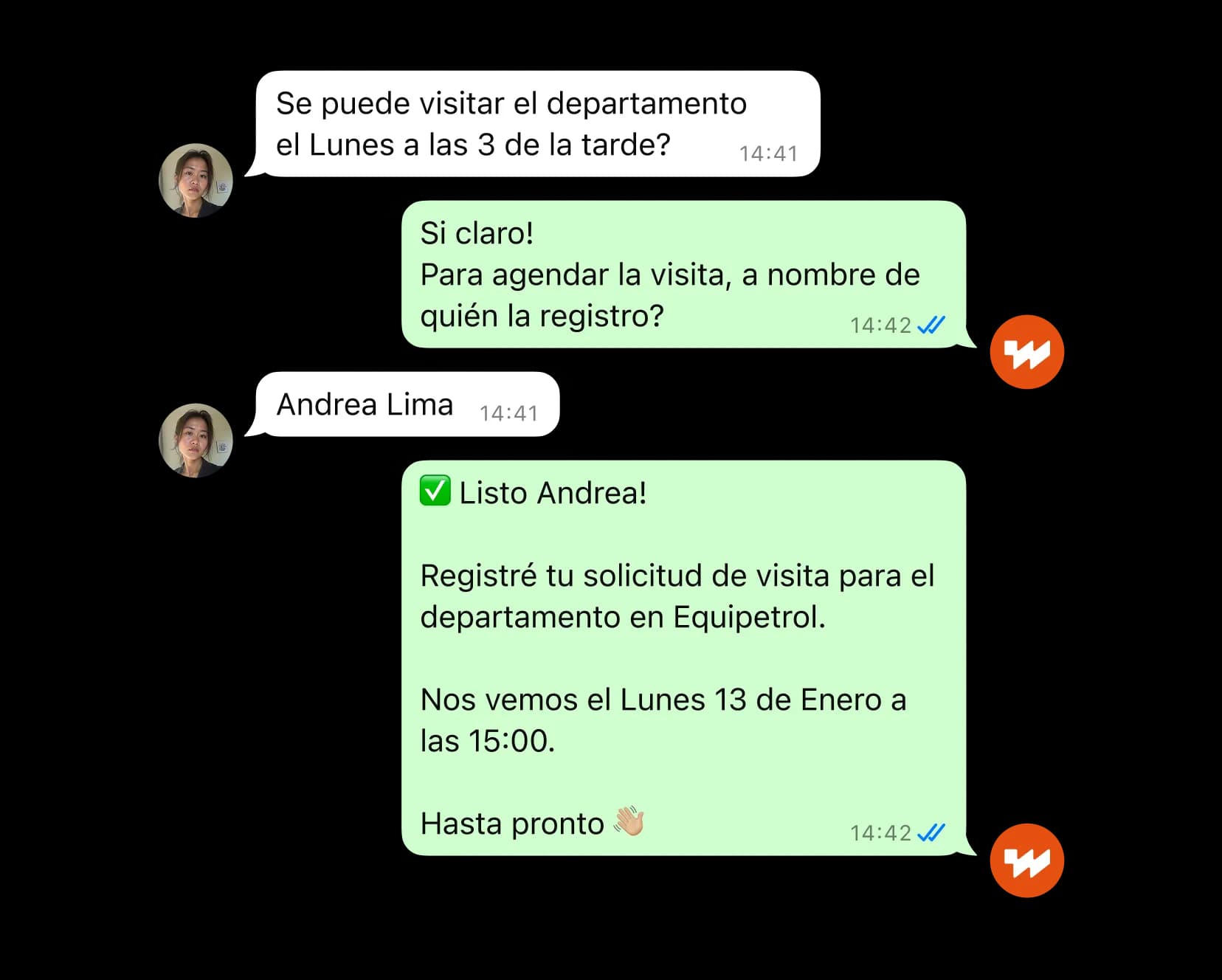 Chat de WhatsApp en español coordinando una visita al departamento el lunes a las 3 PM