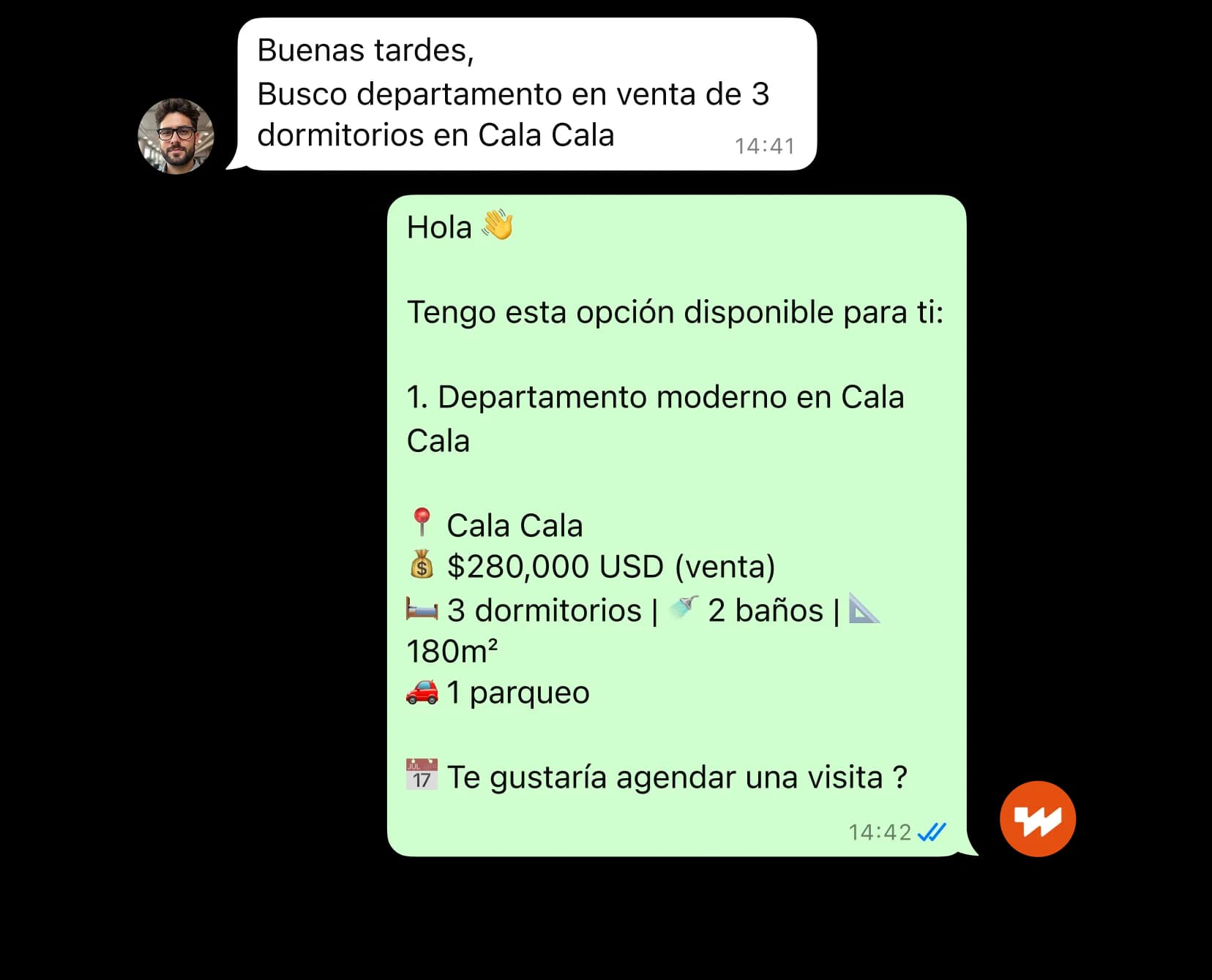 Chat de WhatsApp mostrando respuesta automática sobre un departamento de 3 habitaciones